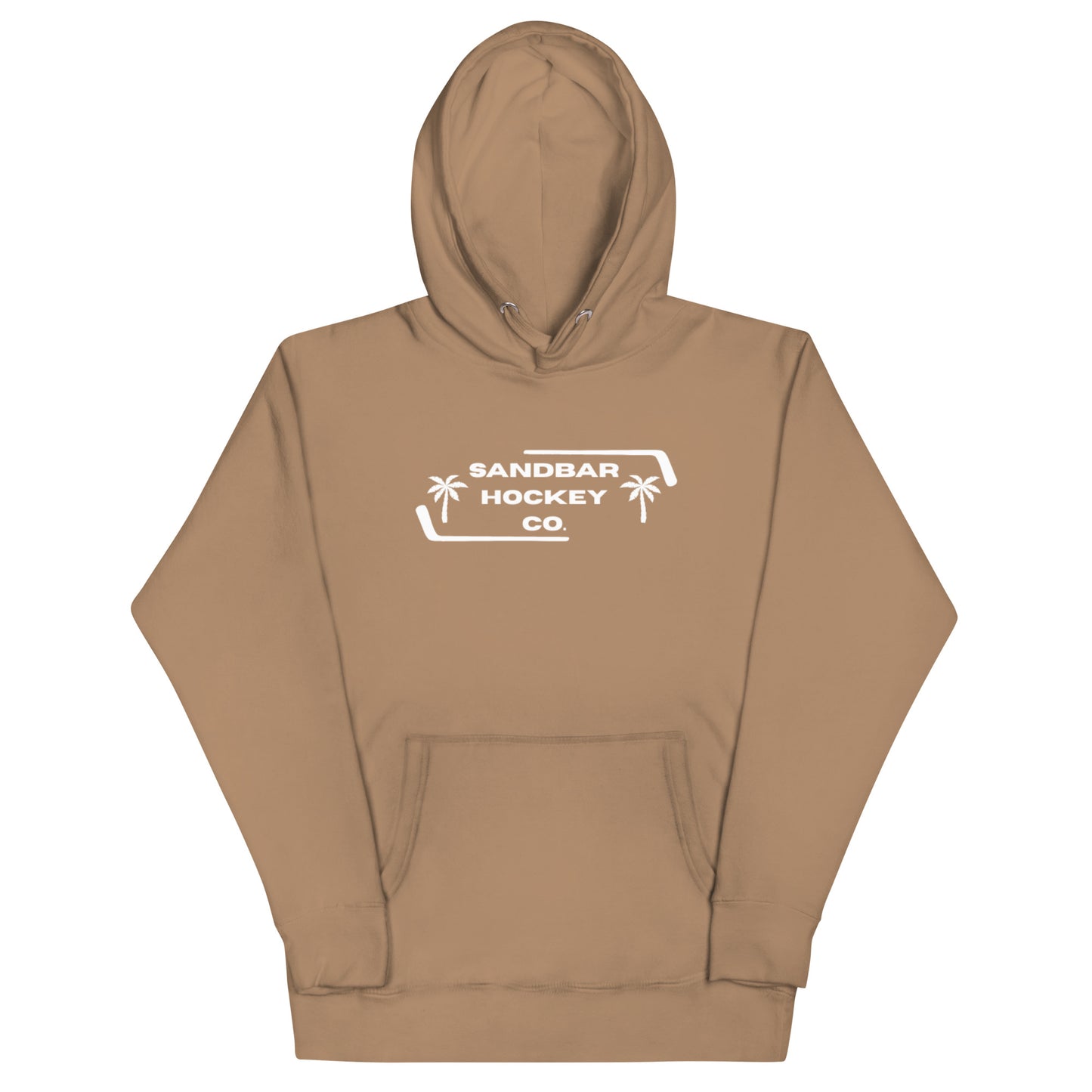 Latte brown Palm Frame Hoodie with white Sandbar Hockey Co. palm frame front logo