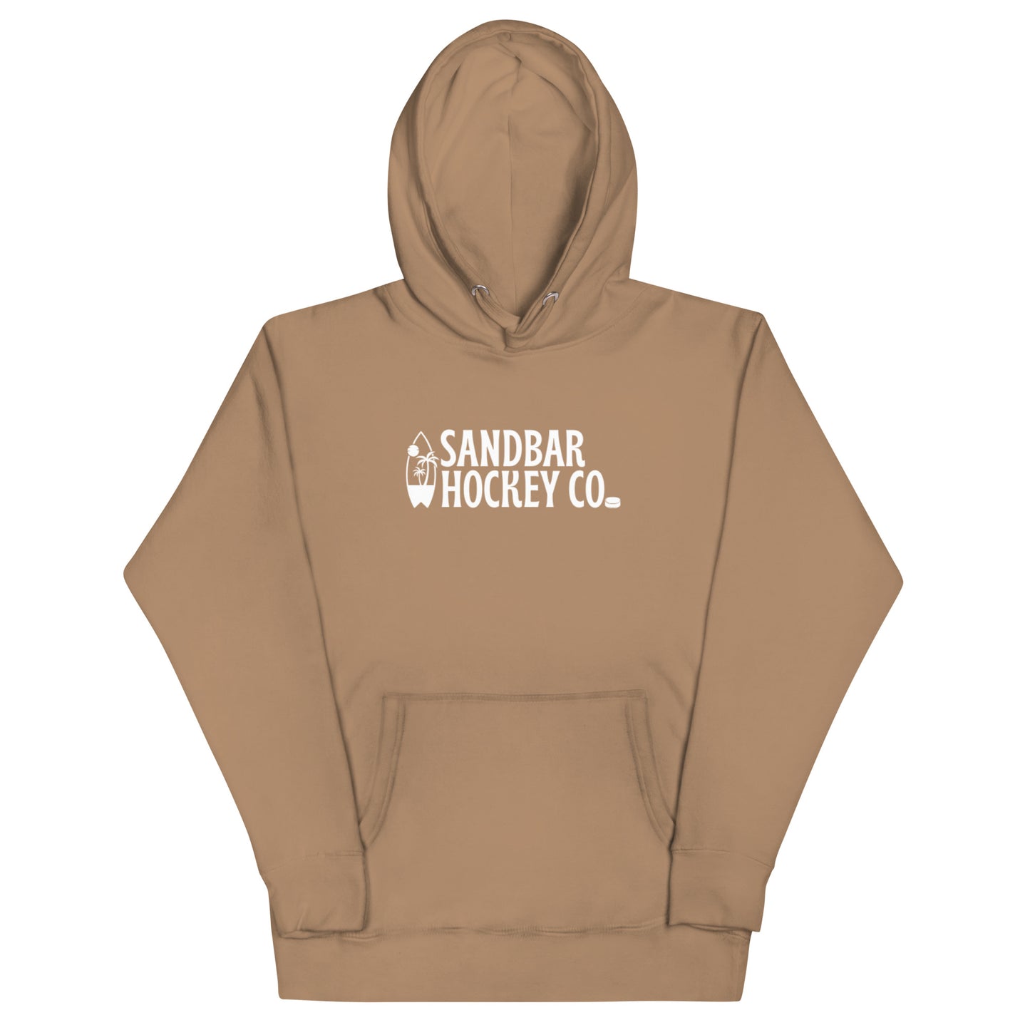Latte brown Surfside Hockey Hoodie with white Sandbar Hockey Co. surfboard front logo