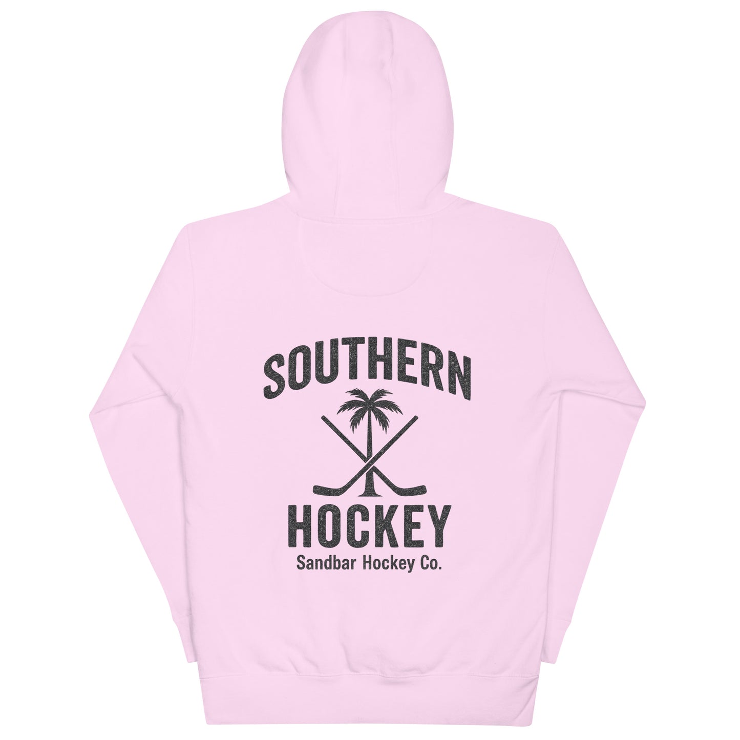 Lavender hockey hoodie back side with Southern Hockey palm tree and crossed sticks graphic