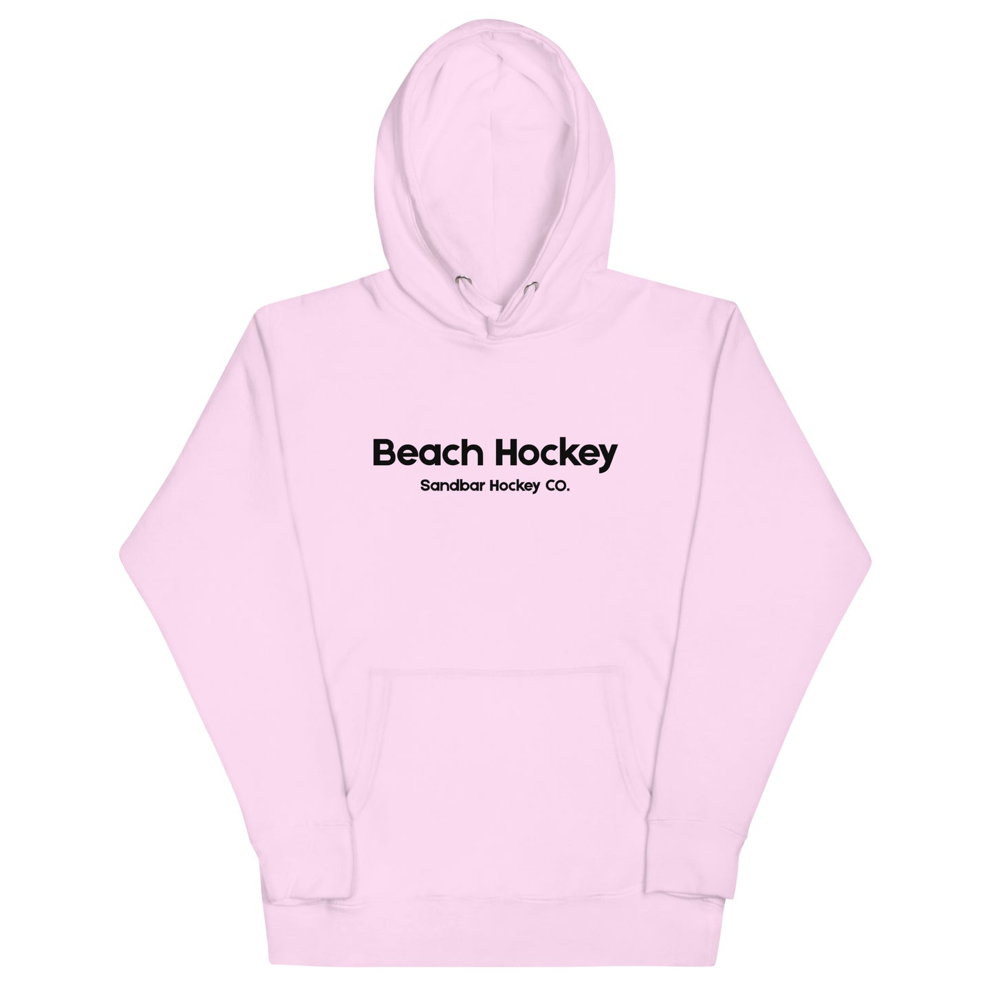 Pink beach hockey hoodie front view with Beach Hockey Sandbar Hockey Co. text on the chest.