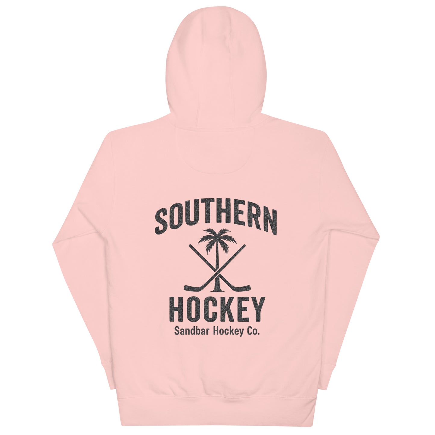 Light pink hockey hoodie back side with Southern Hockey palm tree and crossed sticks graphic