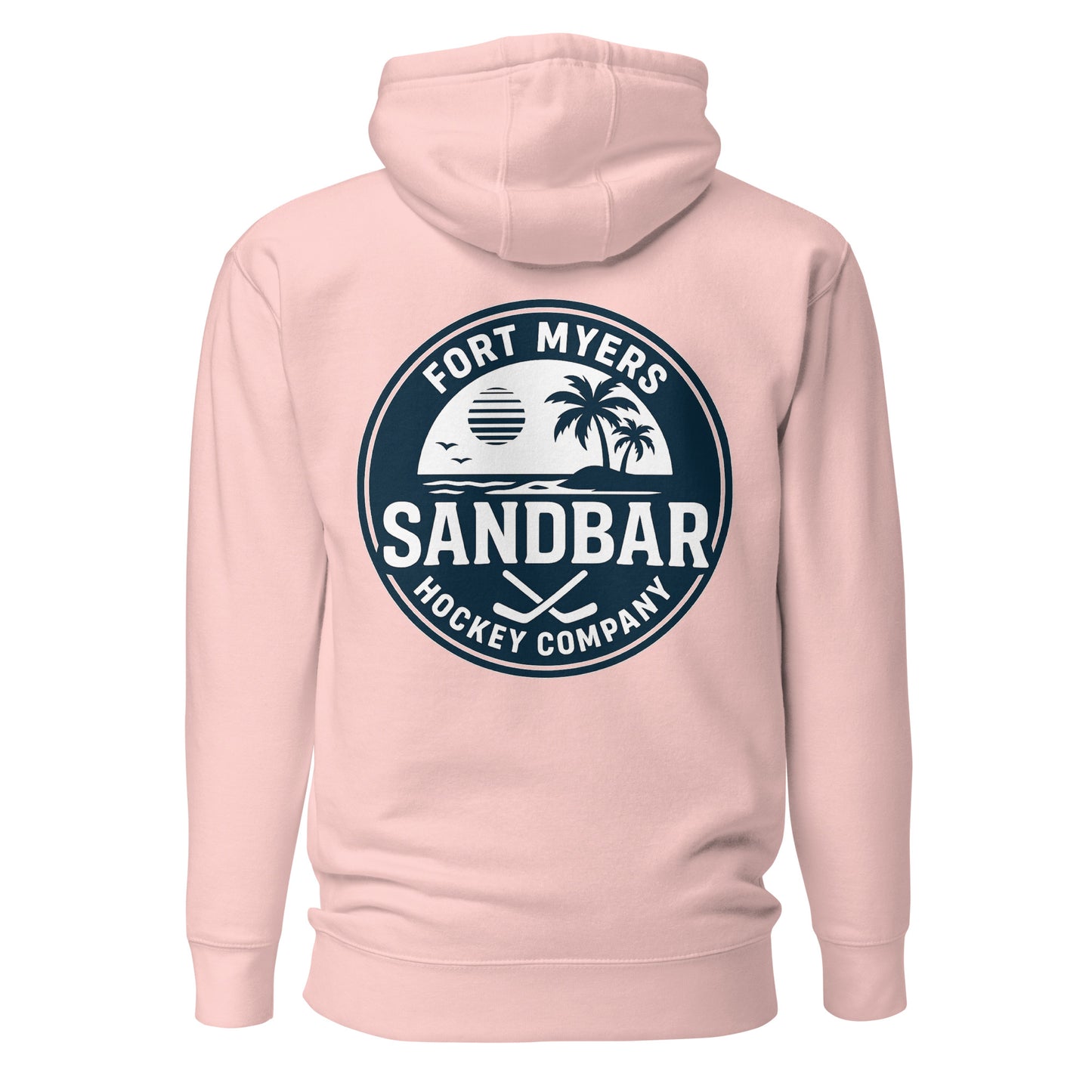 Light pink Fort Myers Sandbar Hockey hoodie back view with large circular Fort Myers Sandbar Hockey Company graphic featuring palm trees, water, sunset, birds, and crossed hockey sticks