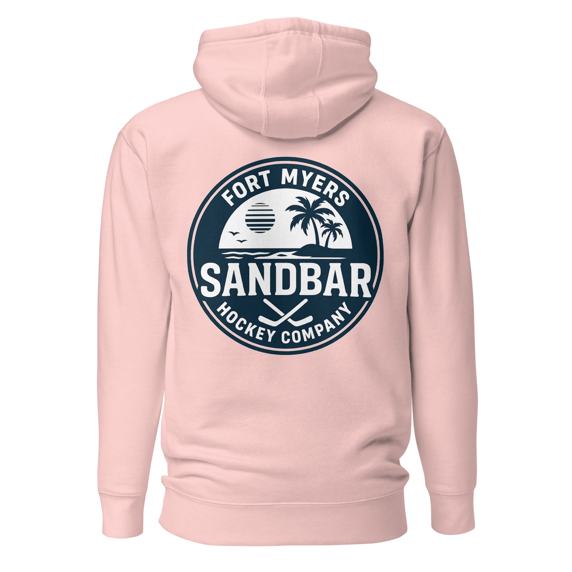 Light pink Fort Myers Sandbar Hockey hoodie back view with large circular Fort Myers Sandbar Hockey Company graphic featuring palm trees, water, sunset, birds, and crossed hockey sticks