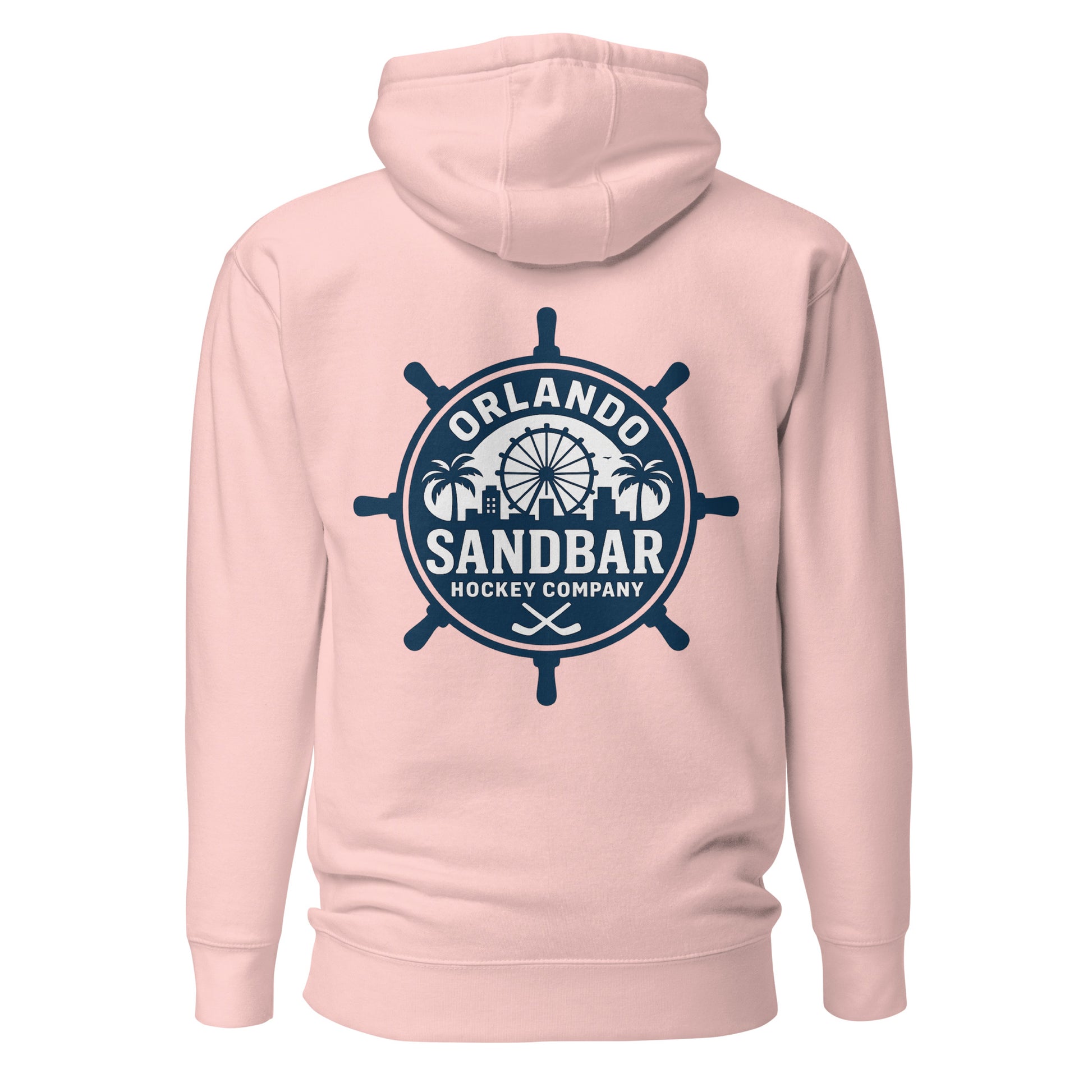 Light pink Orlando Sandbar Hockey hoodie back view with large circular ship wheel Orlando Sandbar Hockey Company graphic