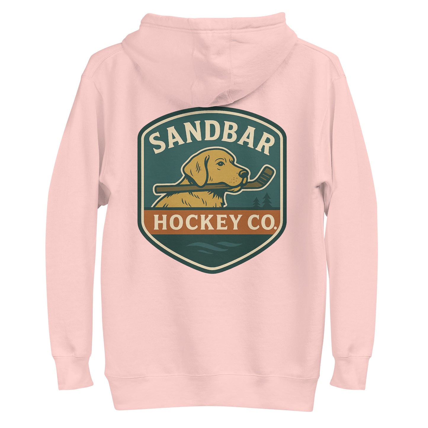Light pink hockey dog hoodie with a large Sandbar Hockey Co. dog shield graphic on the back