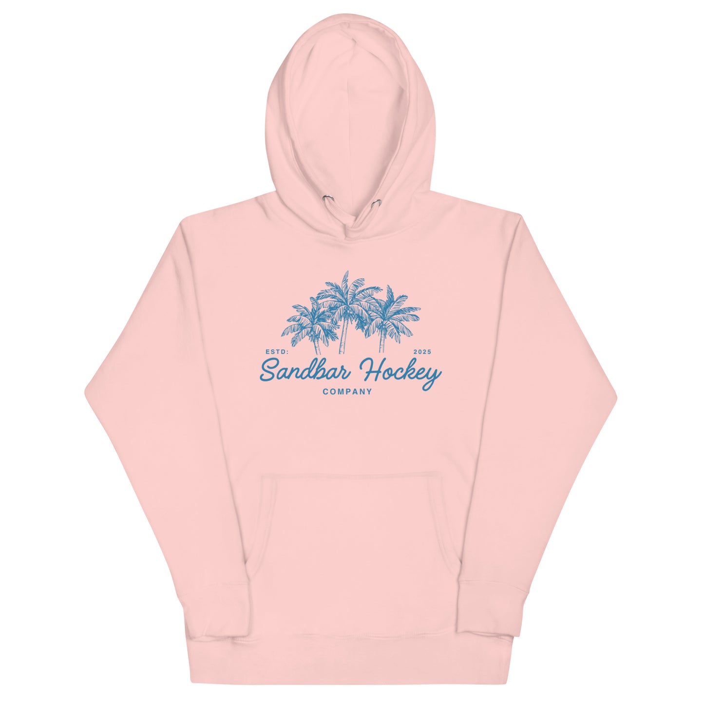Light pink hockey hoodie front side with blue palm tree graphic and Sandbar Hockey Company cursive logo