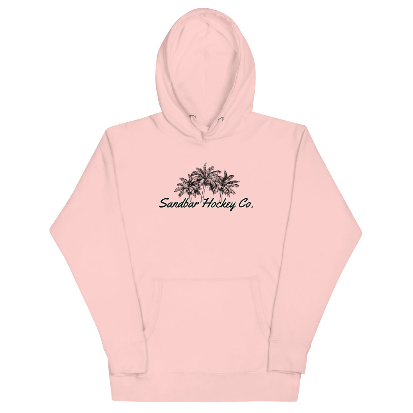 Light pink hockey hoodie front side with black palm tree Sandbar Hockey Co. chest logo