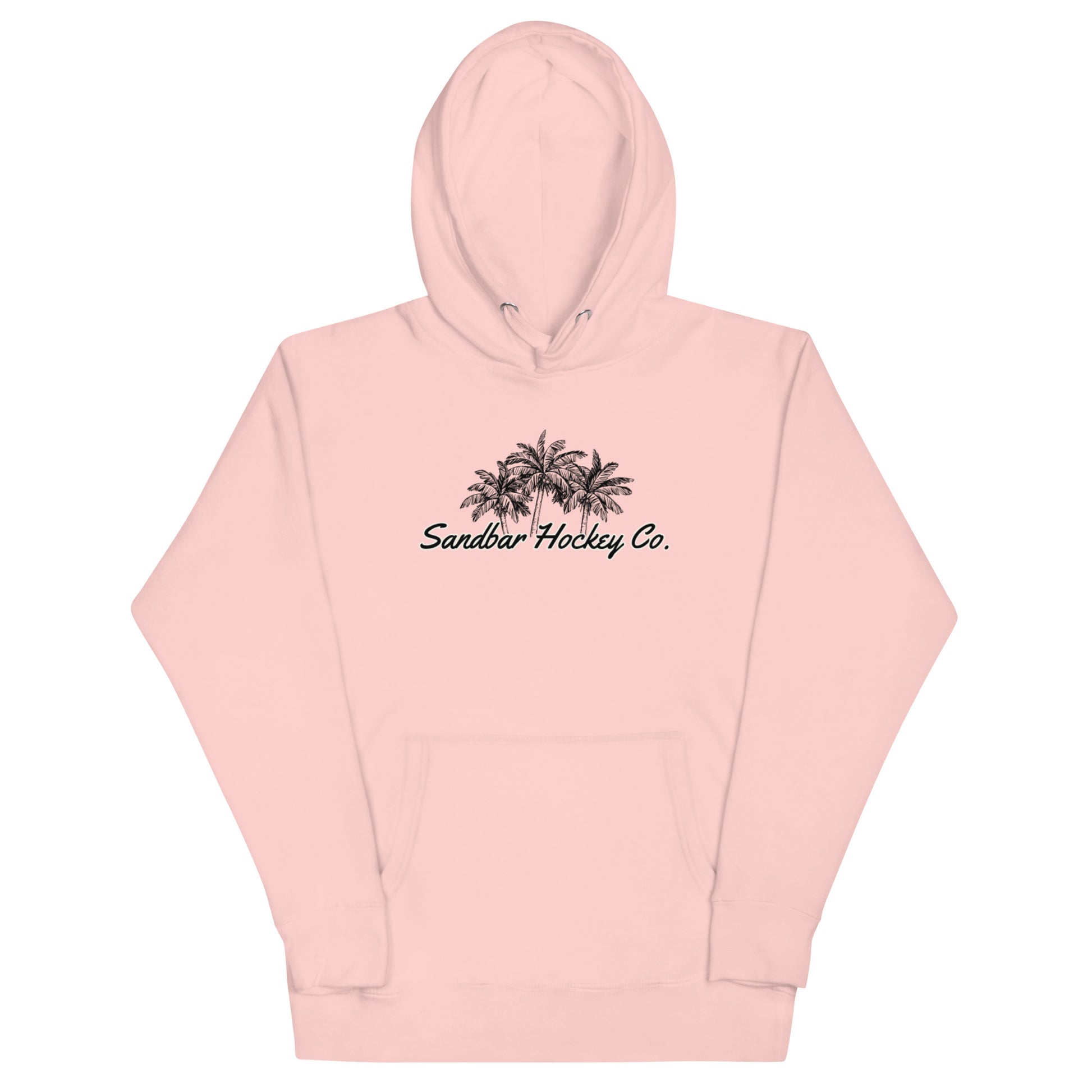 Light pink hockey hoodie front side with black palm tree Sandbar Hockey Co. chest logo