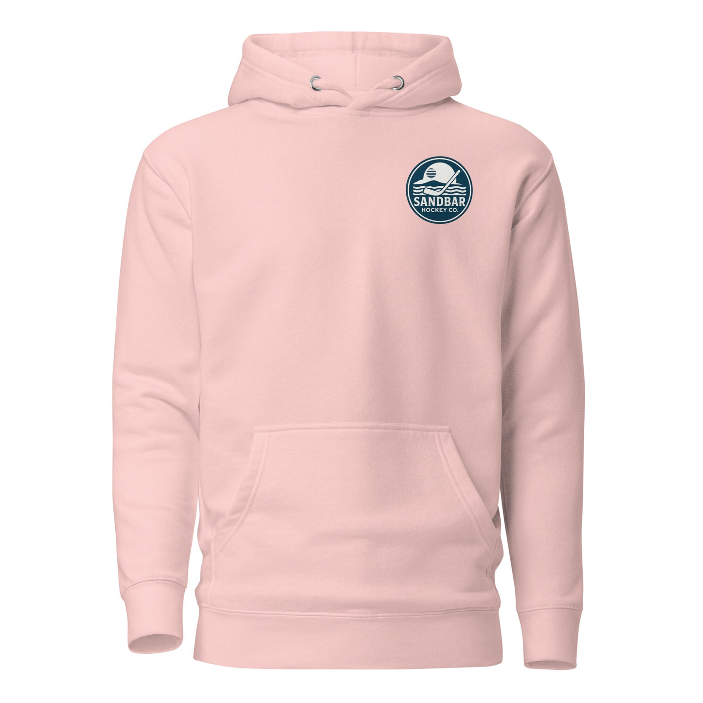 Light pink Fort Myers Sandbar Hockey hoodie front view with small circular Sandbar Hockey Co. chest logo showing waves, sunset, and a hockey stick