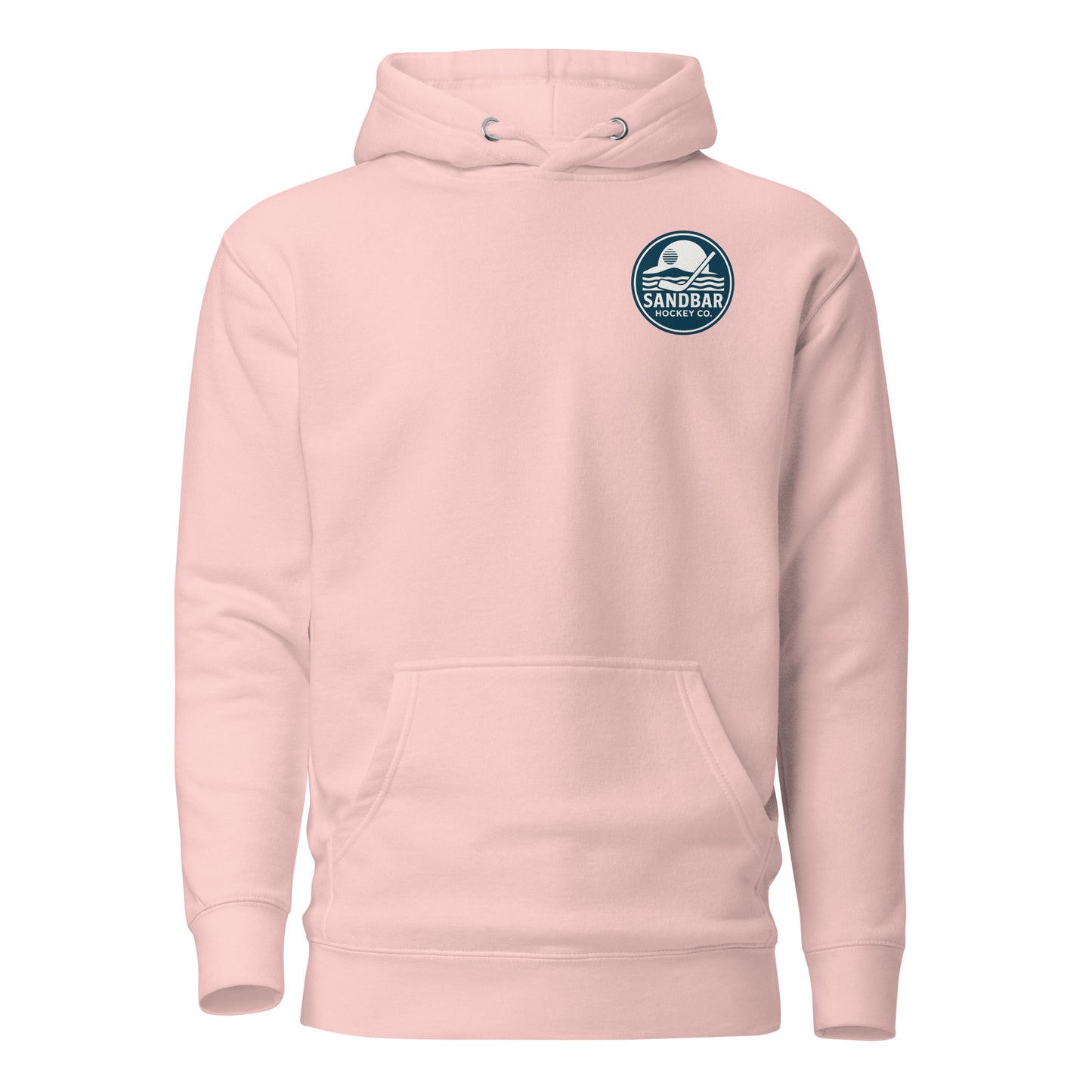 Light pink Orlando Sandbar Hockey hoodie front view with small circular Sandbar Hockey Co. sunset and hockey stick logo on left chest