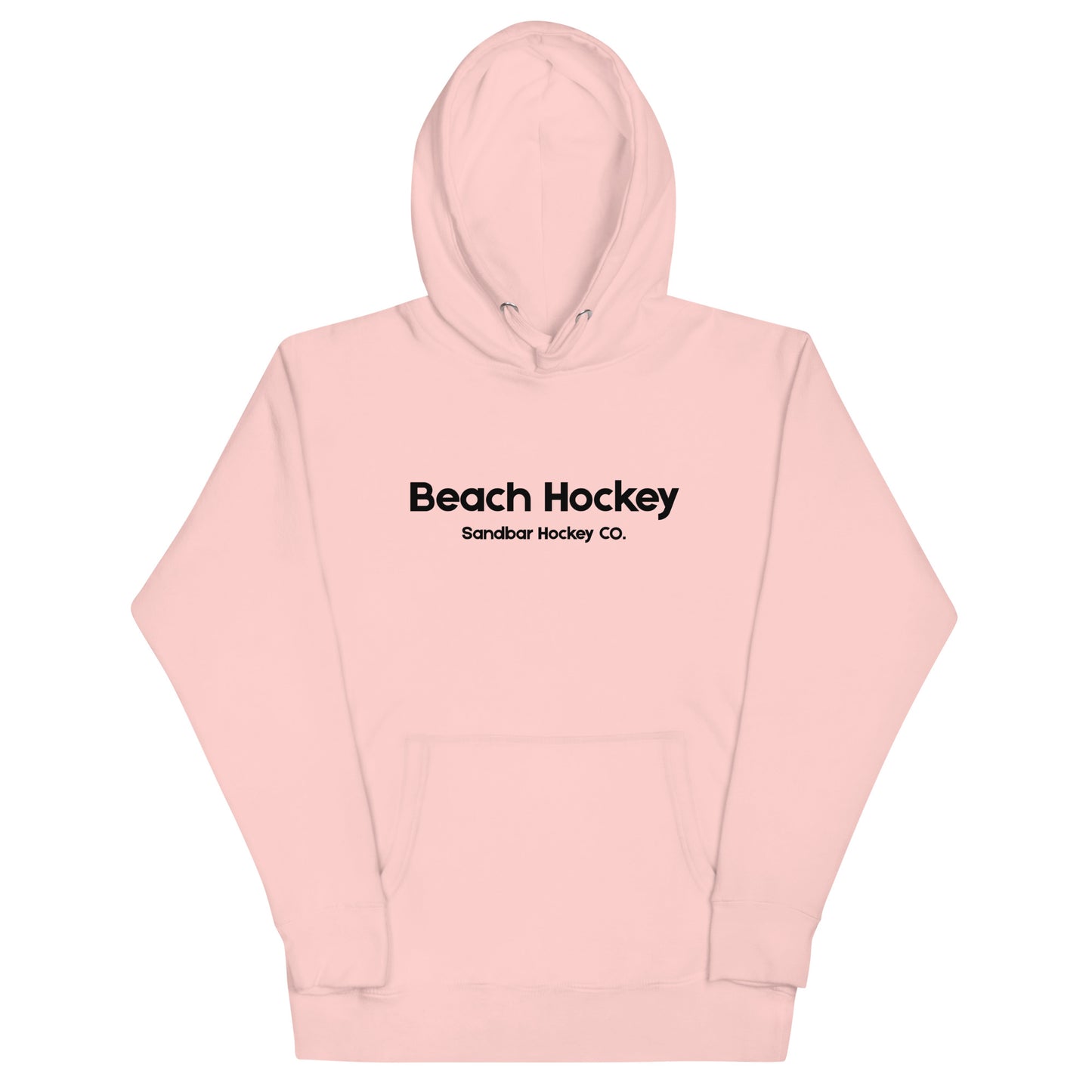 Light pink beach hockey hoodie front view with Beach Hockey Sandbar Hockey Co. text on the chest.