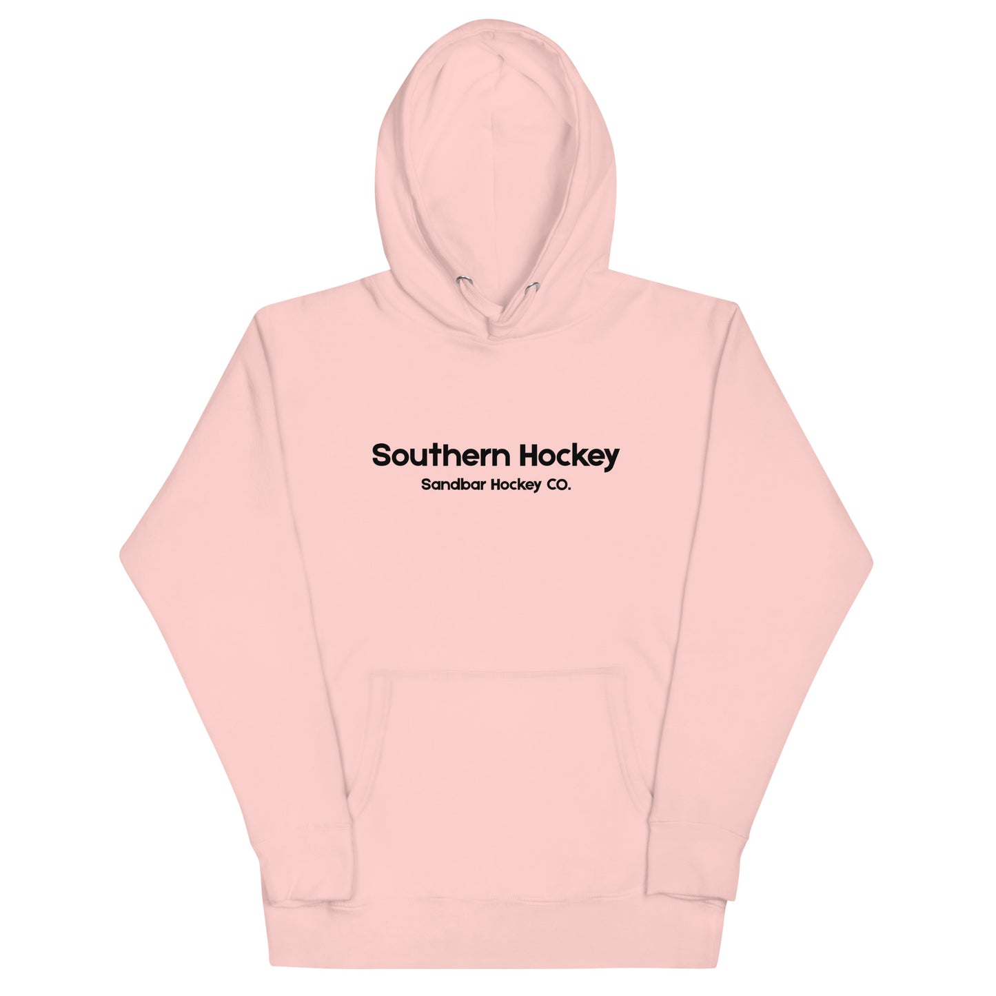 Light pink southern hockey hoodie front view with Southern Hockey Sandbar Hockey Co. text on the chest.