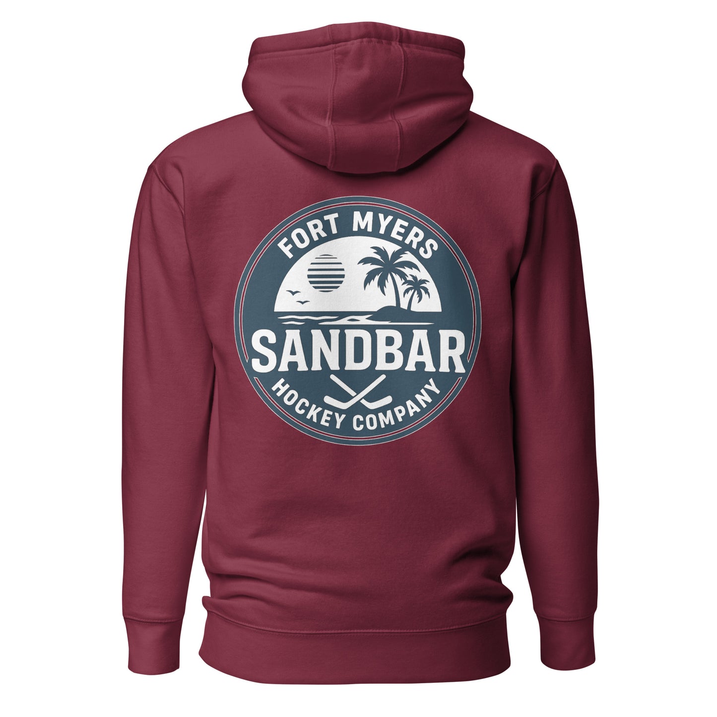 Maroon Fort Myers Sandbar Hockey hoodie back view with large circular Fort Myers Sandbar Hockey Company graphic featuring palm trees, water, sunset, birds, and crossed hockey sticks