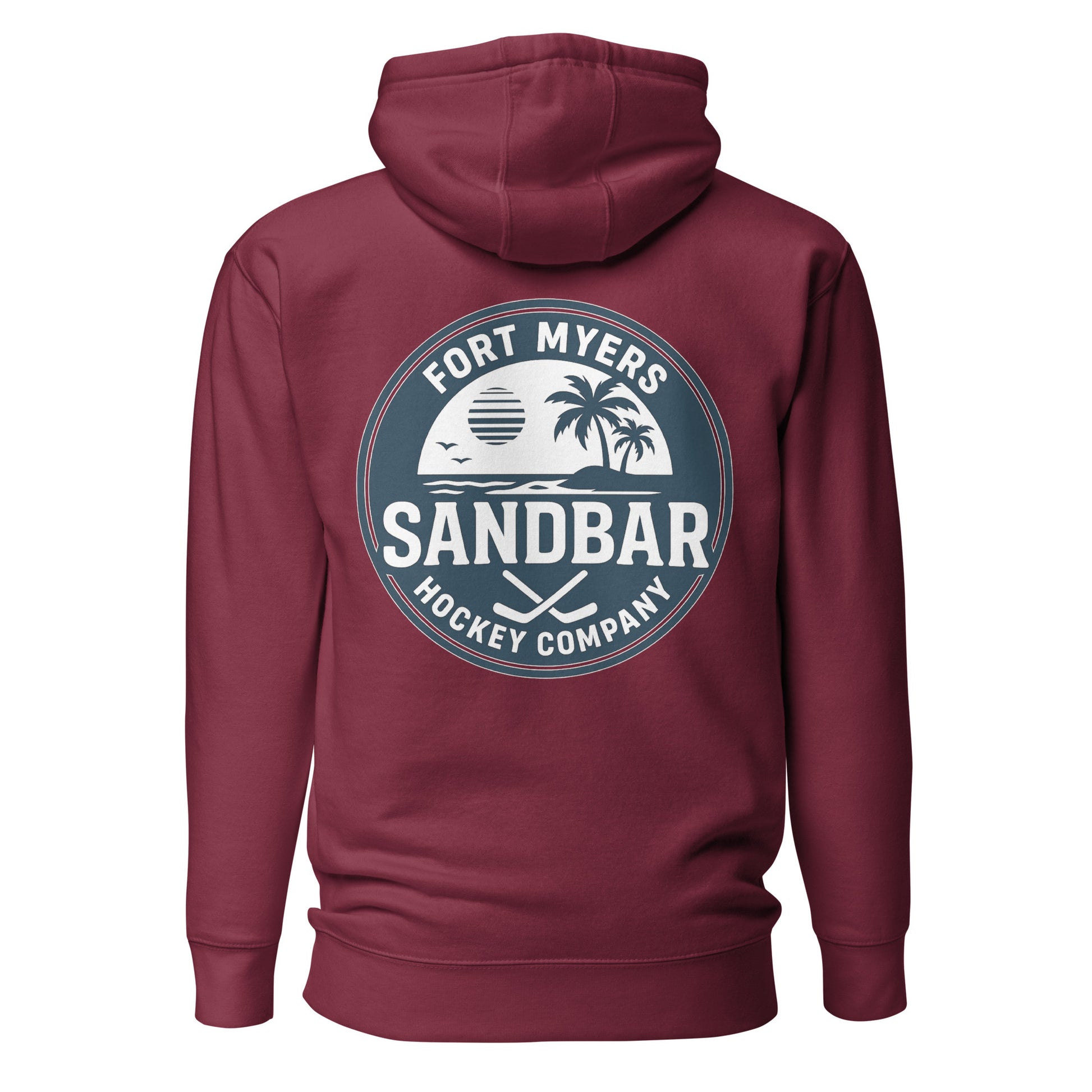 Maroon Fort Myers Sandbar Hockey hoodie back view with large circular Fort Myers Sandbar Hockey Company graphic featuring palm trees, water, sunset, birds, and crossed hockey sticks