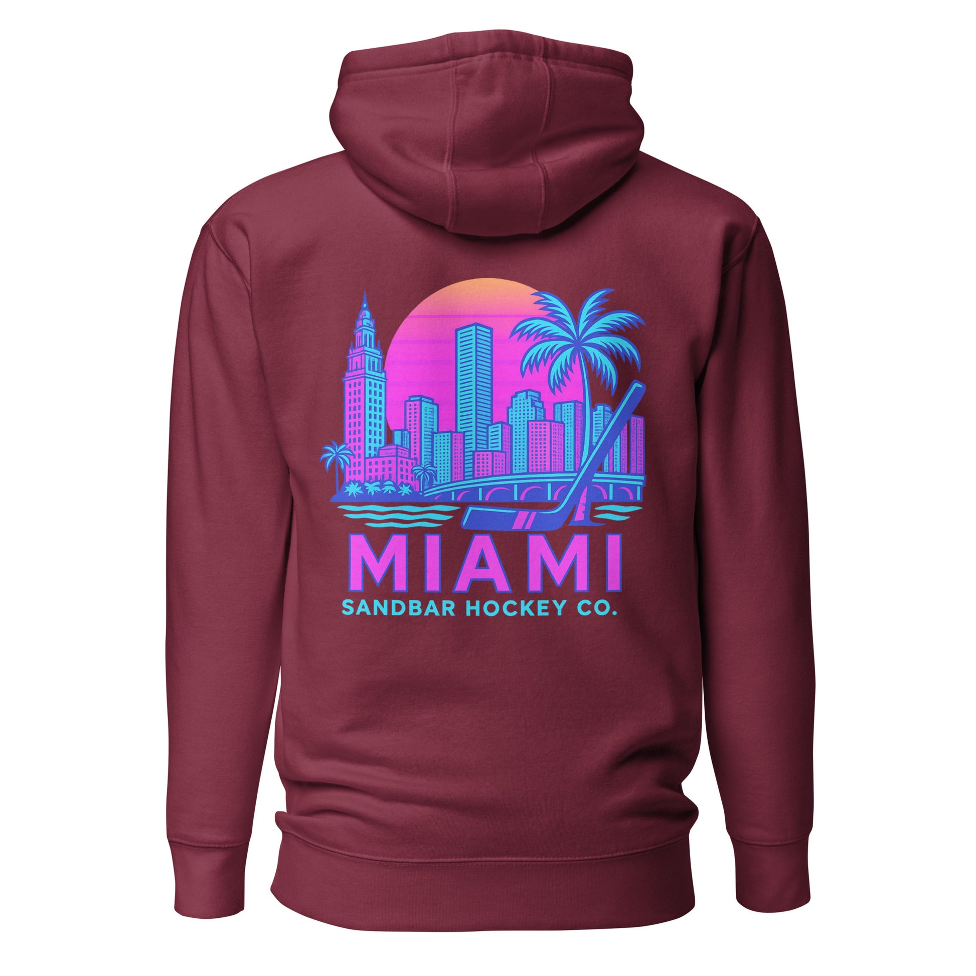 Maroon Miami Sandbar Hockey hoodie back view with large neon Miami skyline graphic, palm trees, hockey stick, and Miami Sandbar Hockey Co. text