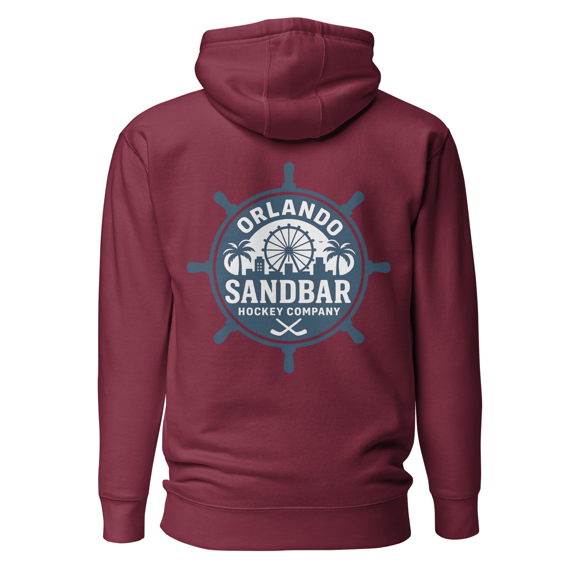 Maroon Orlando Sandbar Hockey hoodie back view with large circular ship wheel Orlando Sandbar Hockey Company graphic
