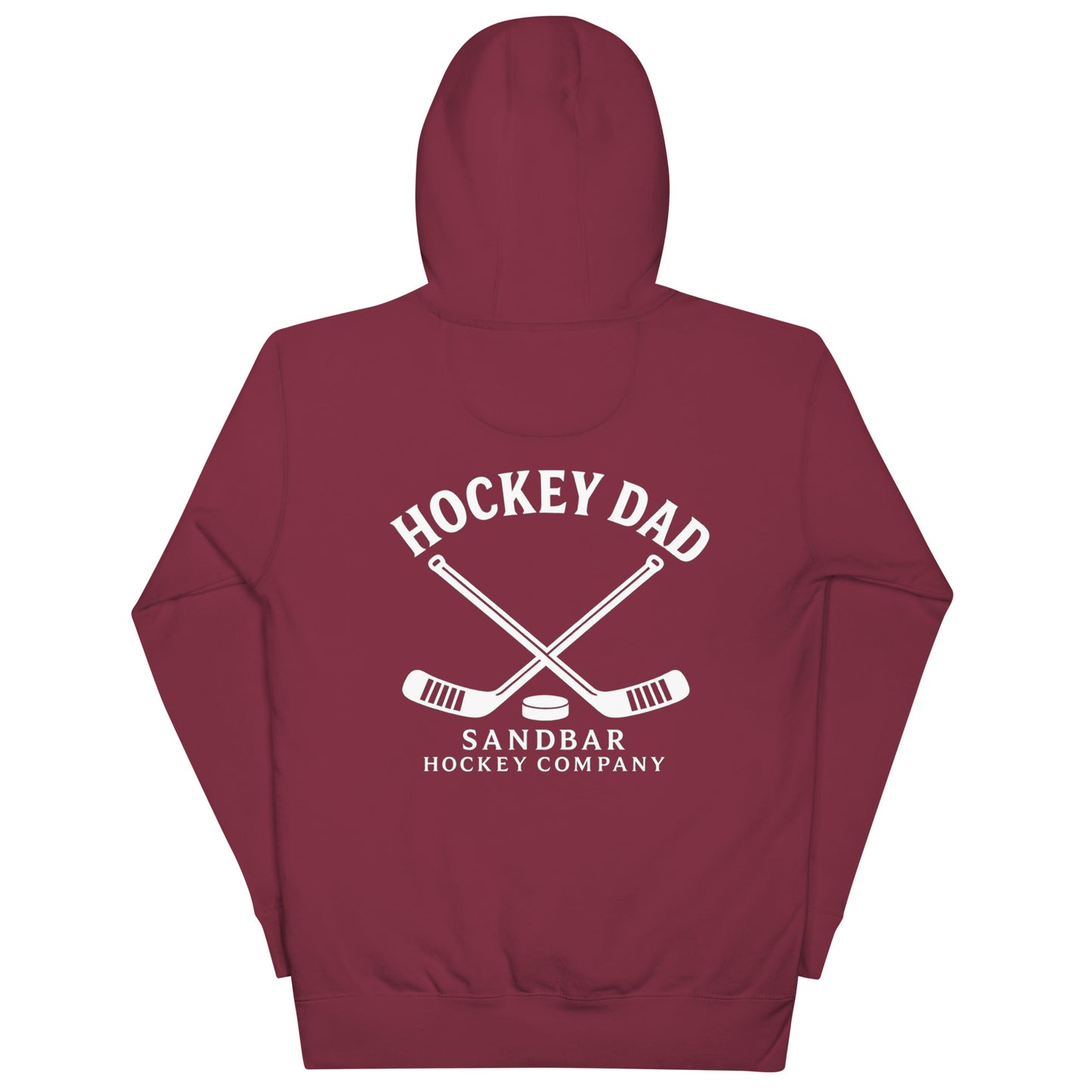 Maroon hockey dad hoodie back view with Hockey Dad Sandbar Hockey Company graphic, crossed hockey sticks, and puck.