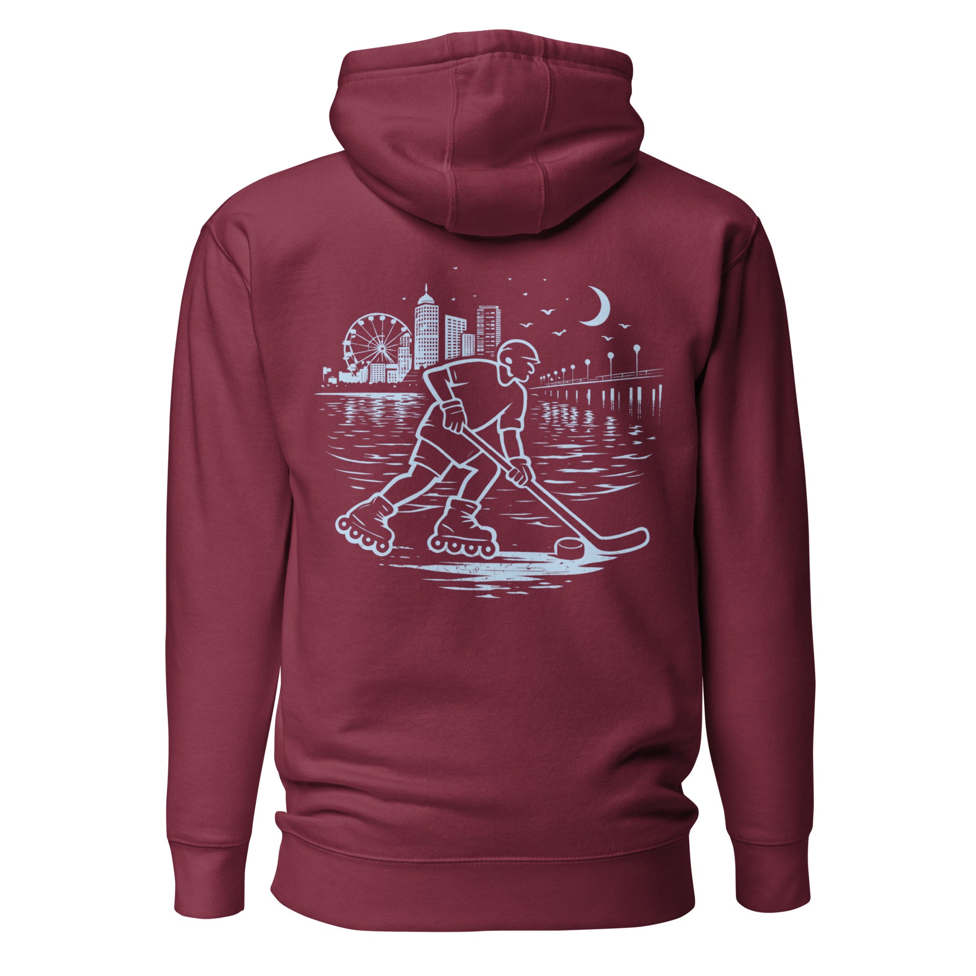Maroon roller hockey hoodie back view with baby blue waterfront roller hockey graphic featuring a skater, city skyline, ferris wheel, pier, moon, and water reflections.
