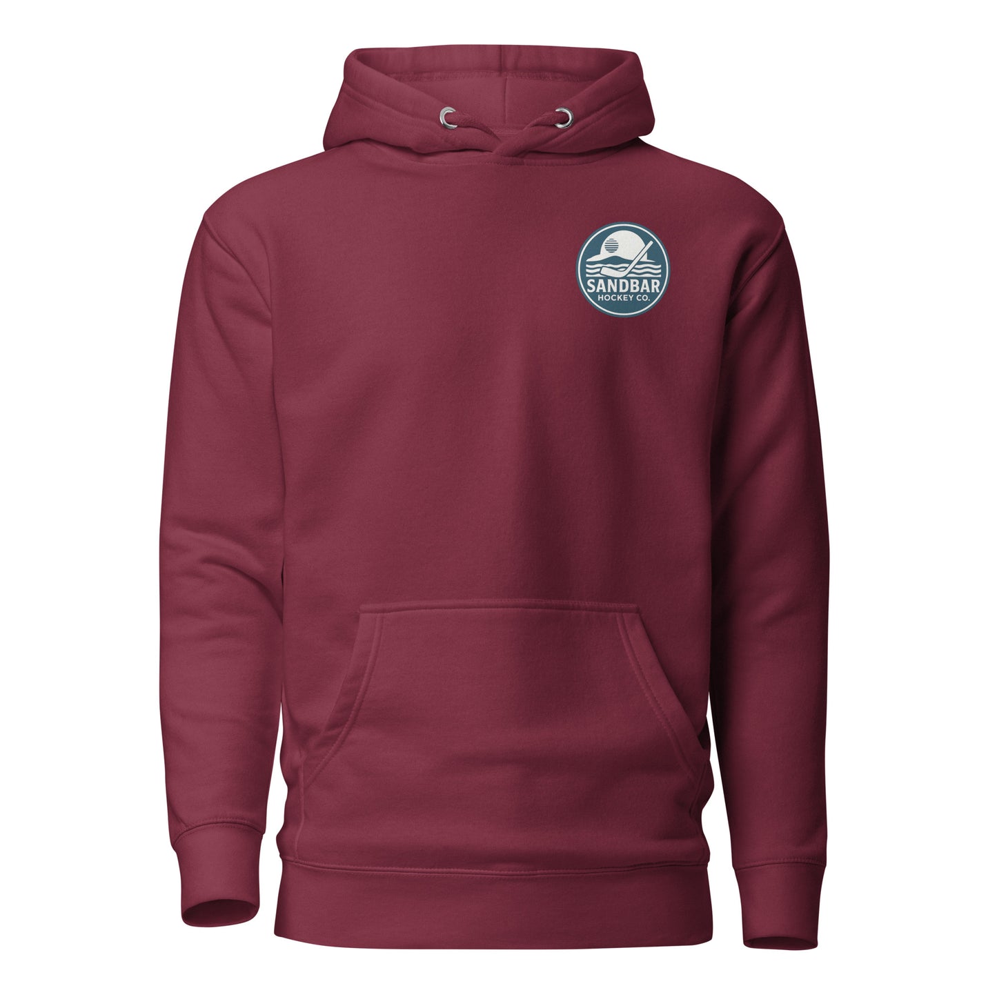 Maroon Fort Myers Sandbar Hockey hoodie front view with small circular Sandbar Hockey Co. chest logo showing waves, sunset, and a hockey stick
