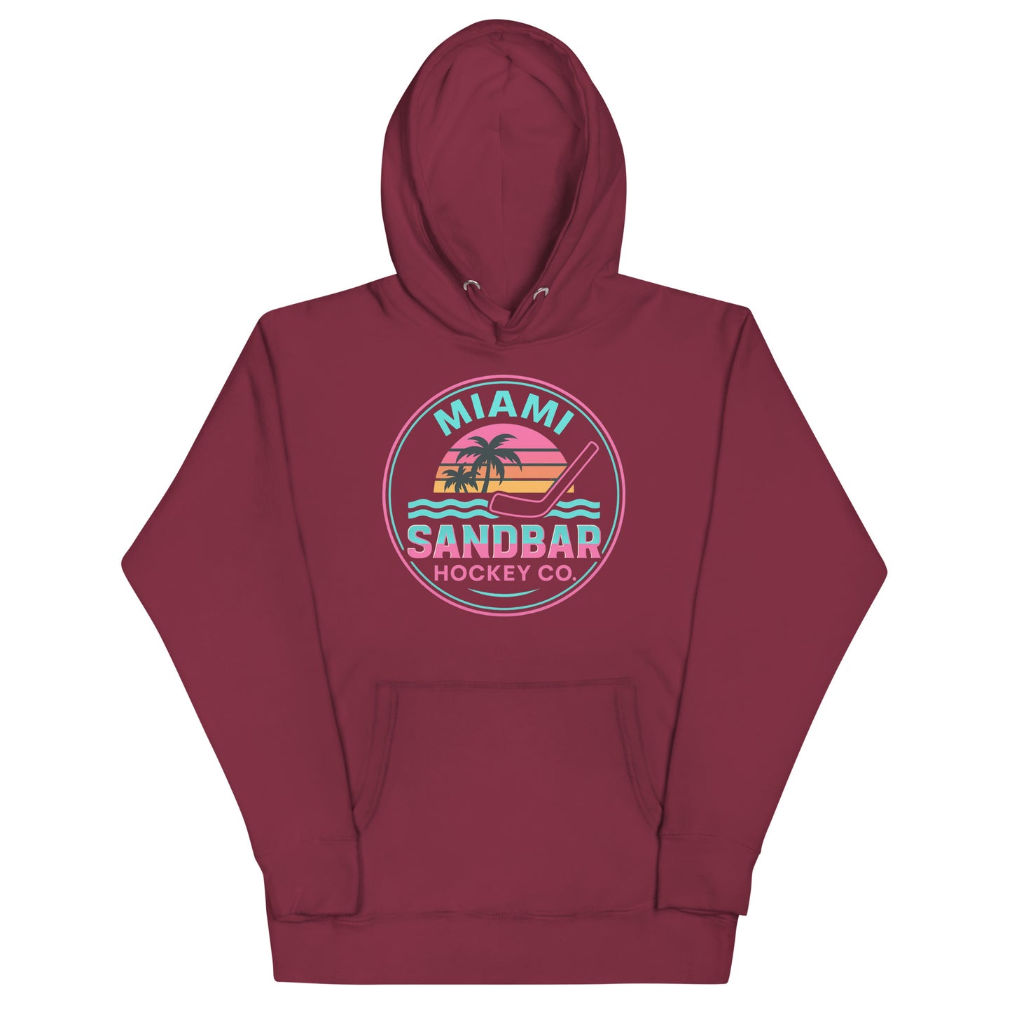 Maroon Miami Sandbar Hockey hoodie front view with circular neon-style Miami Sandbar Hockey Co. graphic featuring palm trees, sunset stripes, water, and a hockey stick