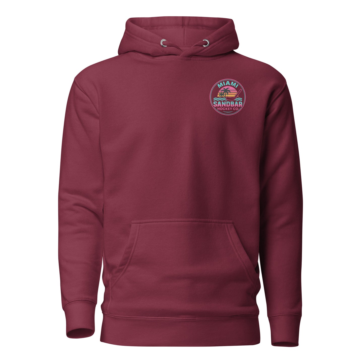 Maroon Miami Sandbar Hockey hoodie front view with small circular Miami beach sunset logo on left chest