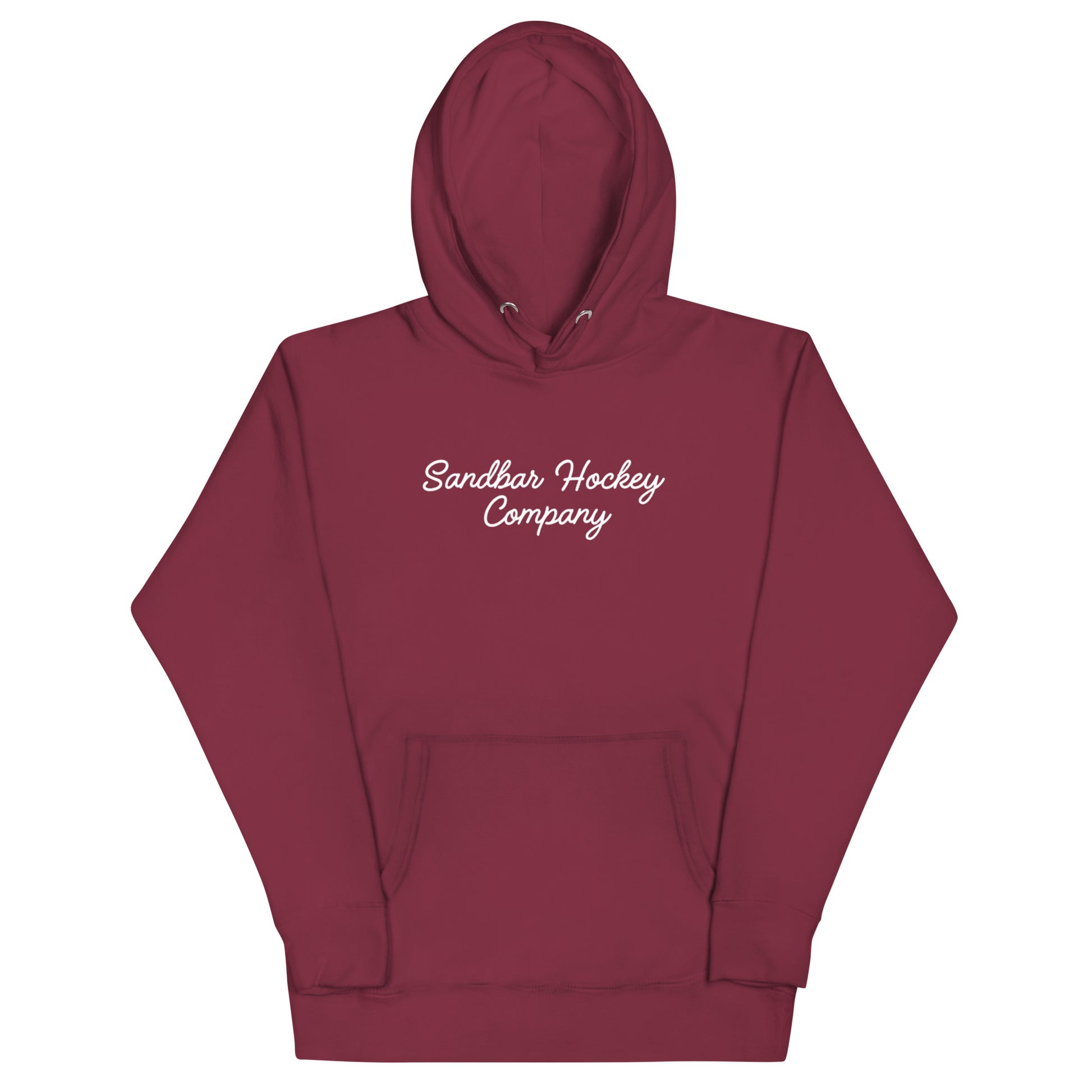 Maroon hockey dad hoodie front view with Sandbar Hockey Company script on the chest.