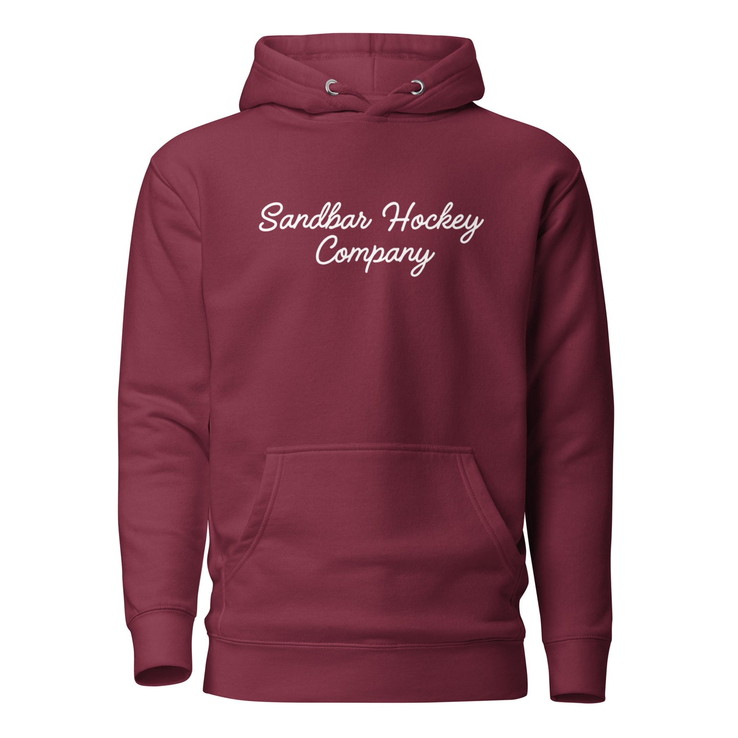 Maroon southern roller hockey hoodie front view with Sandbar Hockey Company script on the chest.
