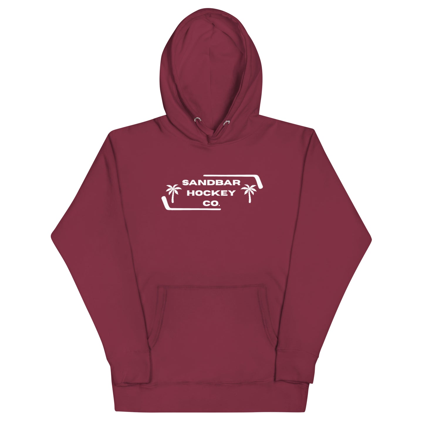 Maroon Palm Frame Hoodie with white Sandbar Hockey Co. palm frame front logo