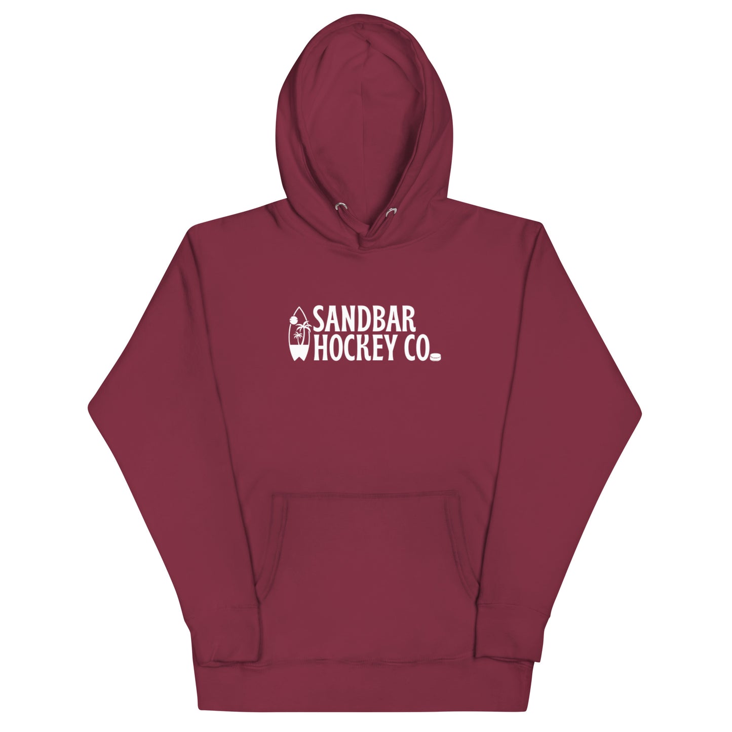 Maroon Surfside Hockey Hoodie with white Sandbar Hockey Co. surfboard front logo