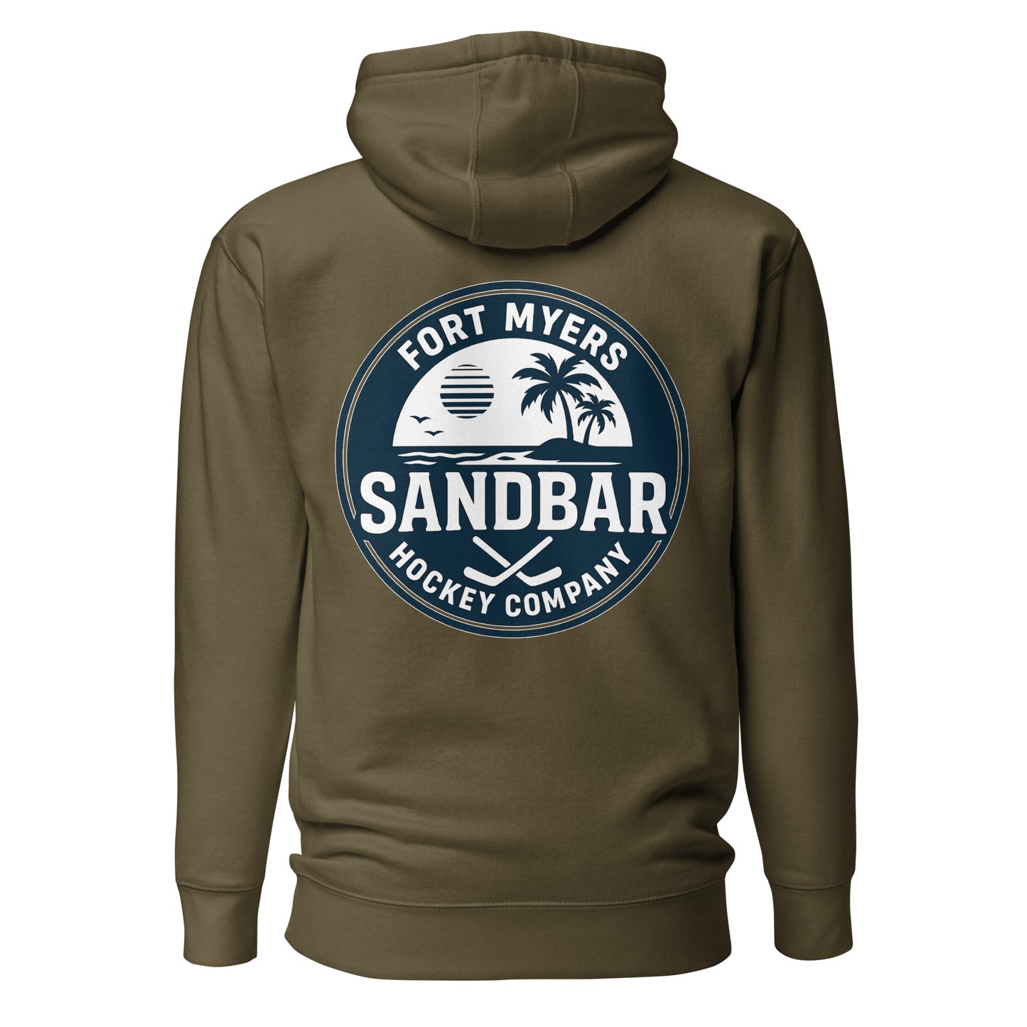 Green Fort Myers Sandbar Hockey hoodie back view with large circular Fort Myers Sandbar Hockey Company graphic featuring palm trees, water, sunset, birds, and crossed hockey sticks