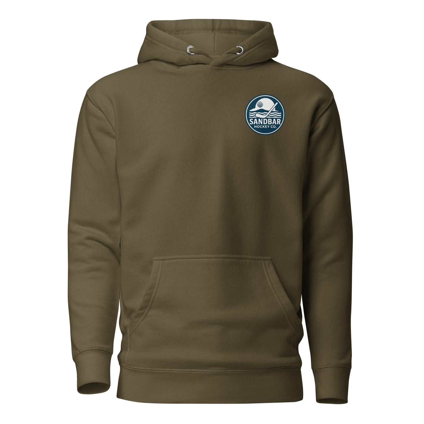 Green Fort Myers Sandbar Hockey hoodie front view with small circular Sandbar Hockey Co. chest logo showing waves, sunset, and a hockey stick