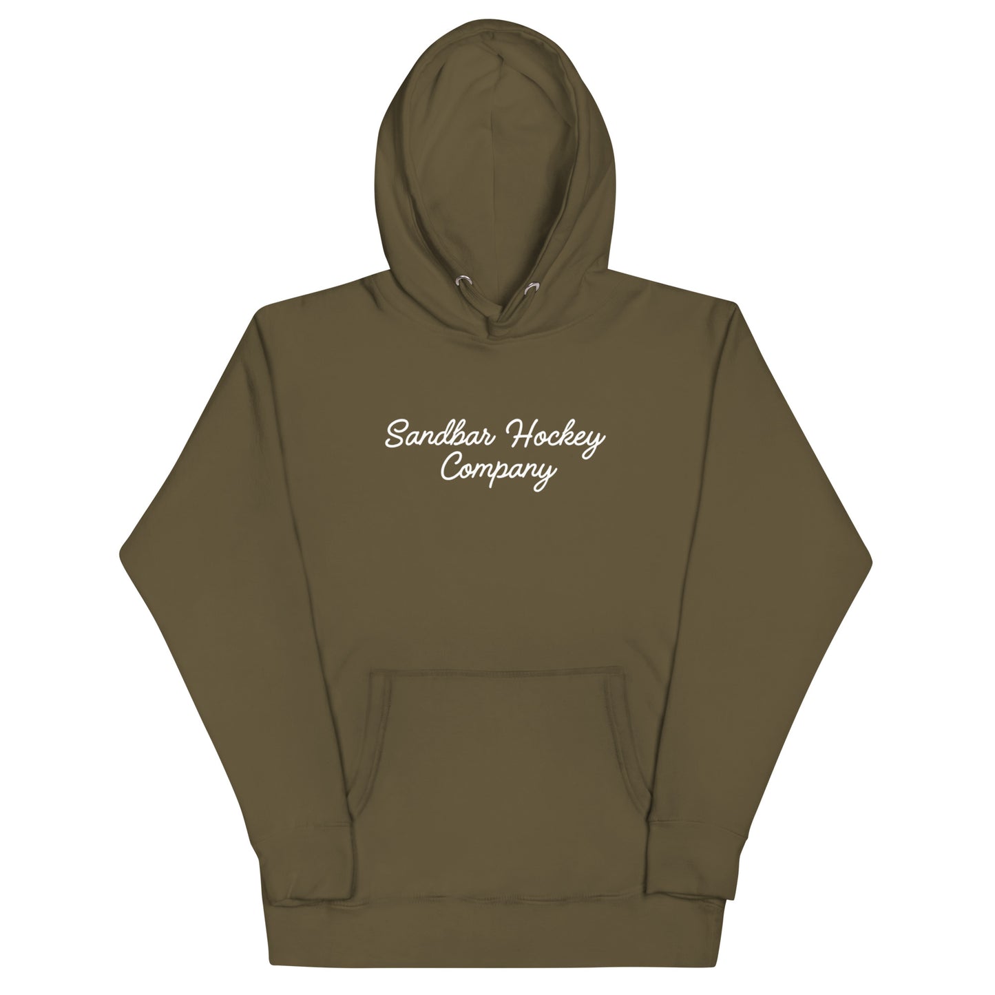 Military green hockey dad hoodie front view with Sandbar Hockey Company script on the chest.