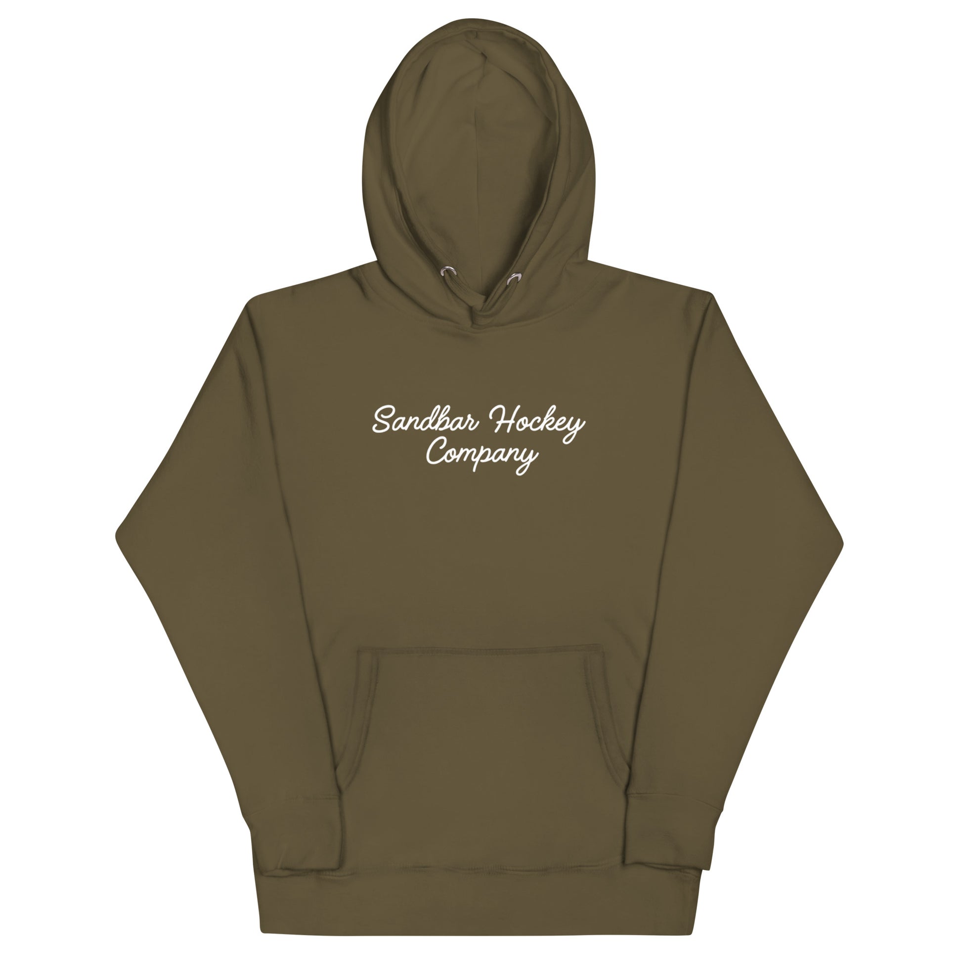 Military green hockey dad hoodie front view with Sandbar Hockey Company script on the chest.