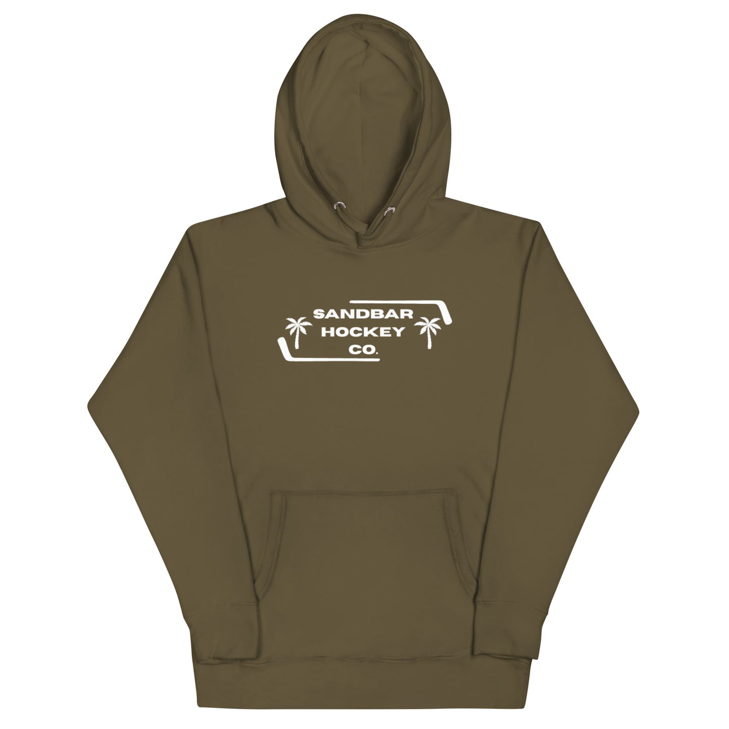 Military green Palm Frame Hoodie with white Sandbar Hockey Co. palm frame front logo