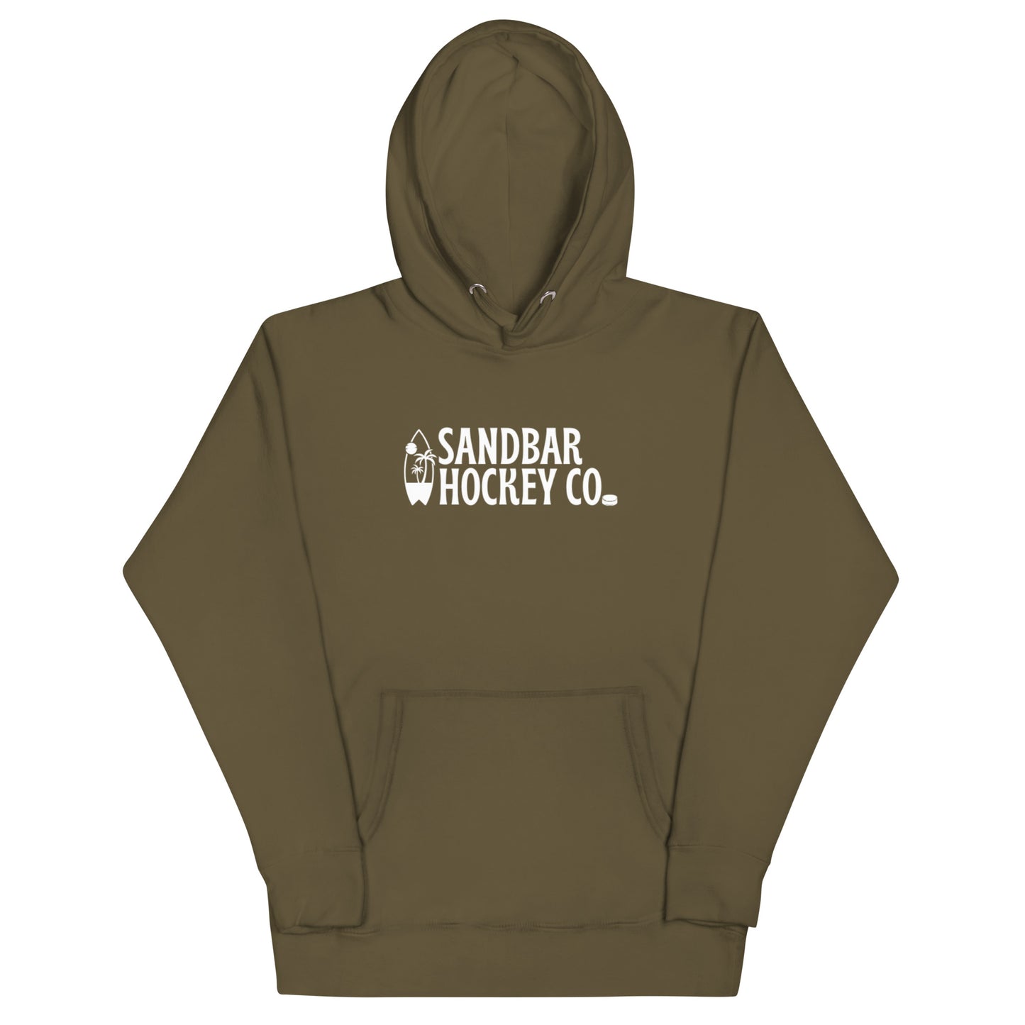 Military green Surfside Hockey Hoodie with white Sandbar Hockey Co. surfboard front logo