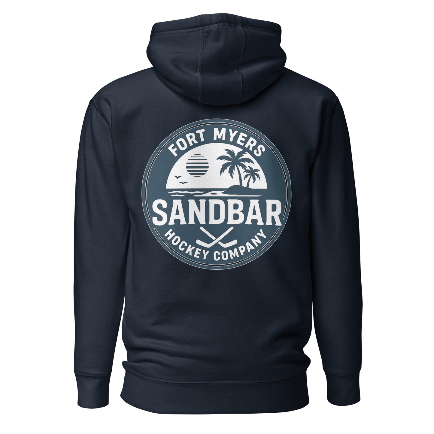 Navy Fort Myers Sandbar Hockey hoodie back view with large circular Fort Myers Sandbar Hockey Company graphic featuring palm trees, water, sunset, birds, and crossed hockey sticks