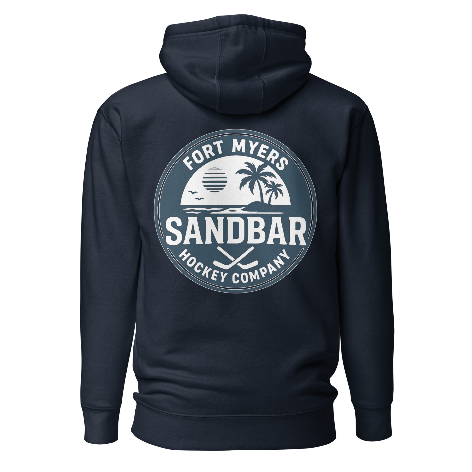 Navy Fort Myers Sandbar Hockey hoodie back view with large circular Fort Myers Sandbar Hockey Company graphic featuring palm trees, water, sunset, birds, and crossed hockey sticks