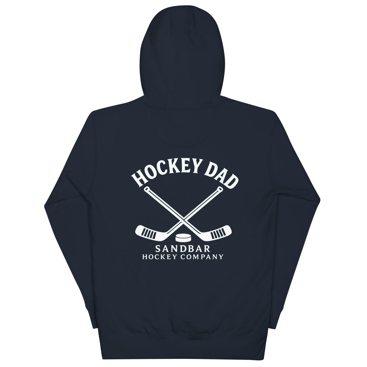 Navy Blue hockey dad hoodie back view with Hockey Dad Sandbar Hockey Company graphic, crossed hockey sticks, and puck.