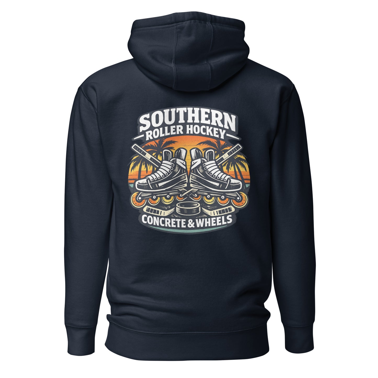 Navy Blue southern roller hockey hoodie back view with Southern Roller Hockey Concrete & Wheels graphic featuring inline skates, palm trees, sticks, and puck.