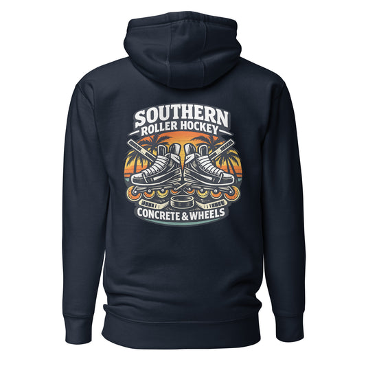 Navy Blue southern roller hockey hoodie back view with Southern Roller Hockey Concrete & Wheels graphic featuring inline skates, palm trees, sticks, and puck.
