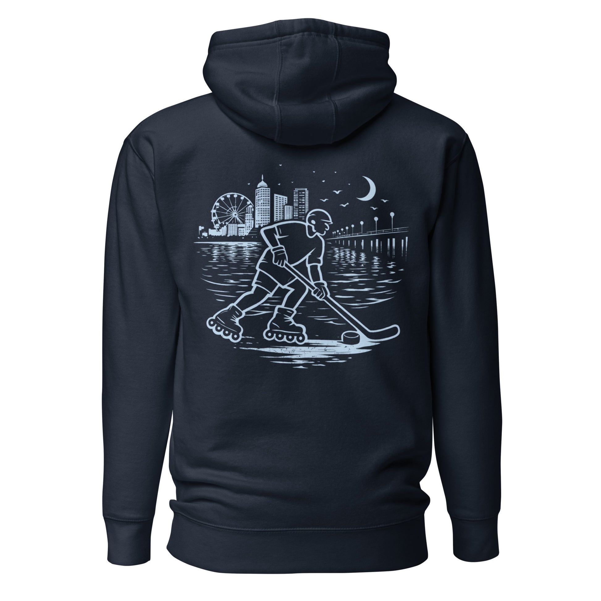 Navy Blue roller hockey hoodie back view with baby blue waterfront roller hockey graphic featuring a skater, city skyline, ferris wheel, pier, moon, and water reflections.