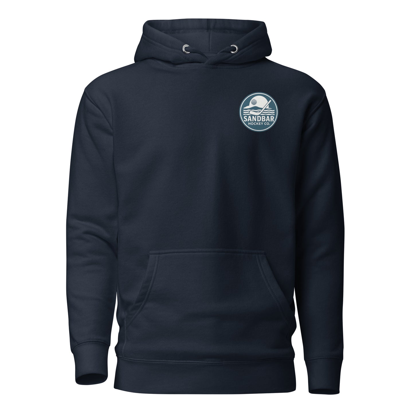 Navy Fort Myers Sandbar Hockey hoodie front view with small circular Sandbar Hockey Co. chest logo showing waves, sunset, and a hockey stick