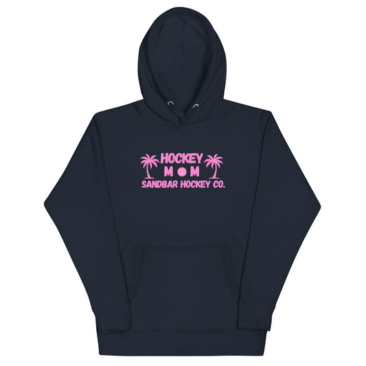 Navy Blue hockey mom hoodie front view with pink Hockey Mom Sandbar Hockey Co. graphic on the chest.