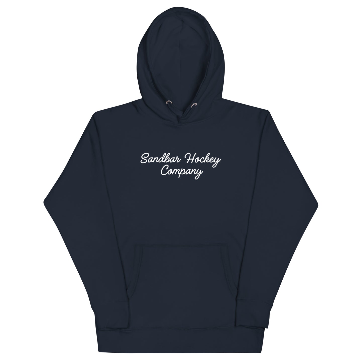 Navy Blue hockey dad hoodie front view with Sandbar Hockey Company script on the chest.