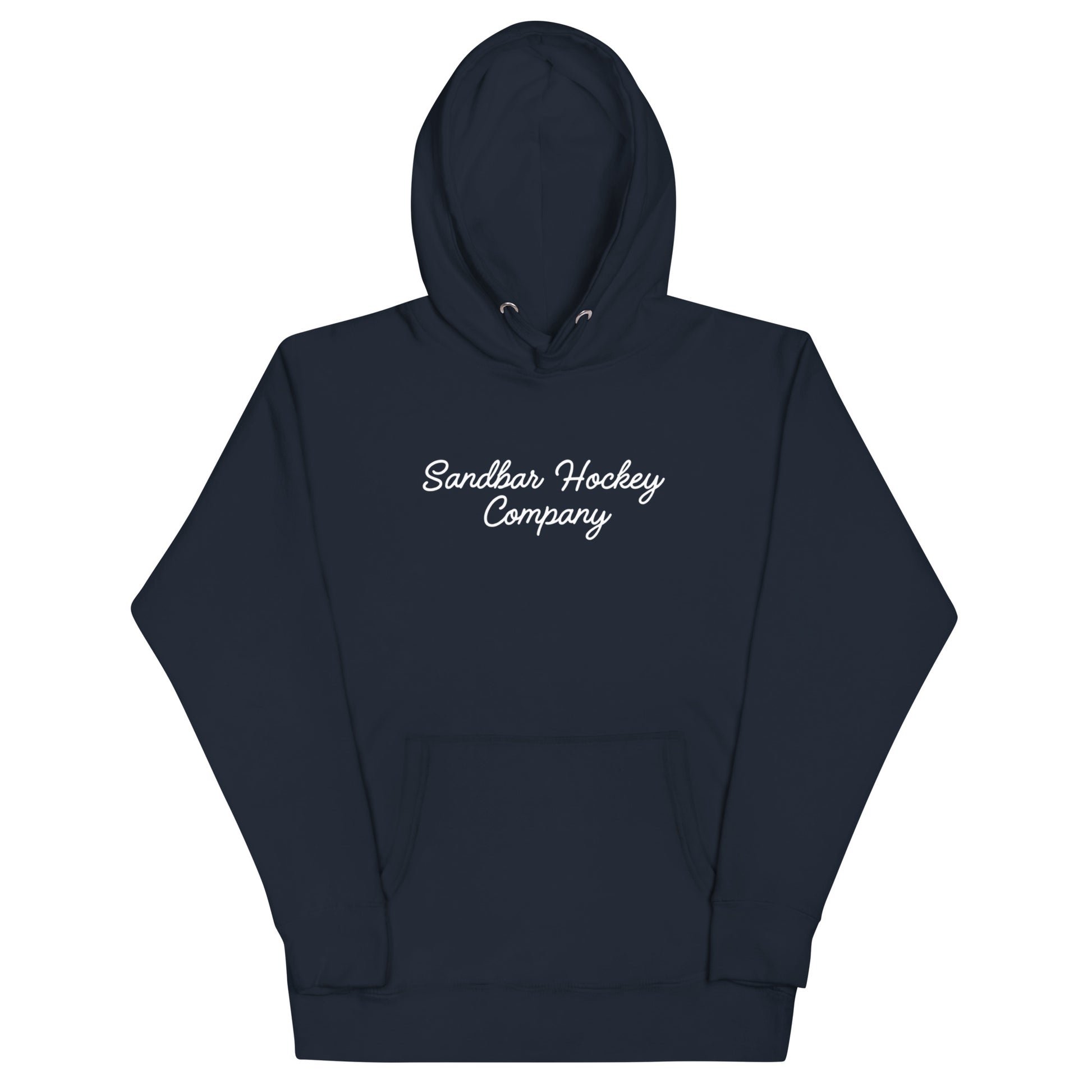 Navy Blue hockey dad hoodie front view with Sandbar Hockey Company script on the chest.