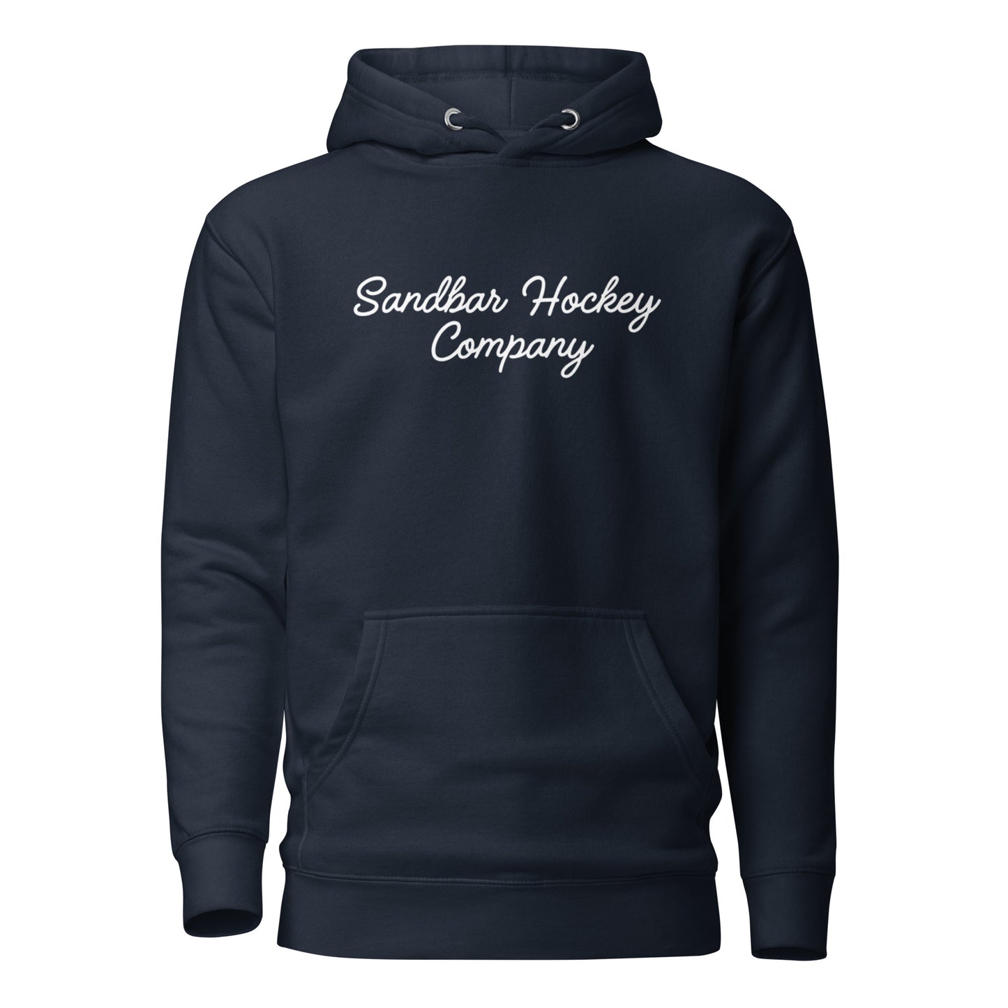 Navy Blue southern roller hockey hoodie front view with Sandbar Hockey Company script on the chest.