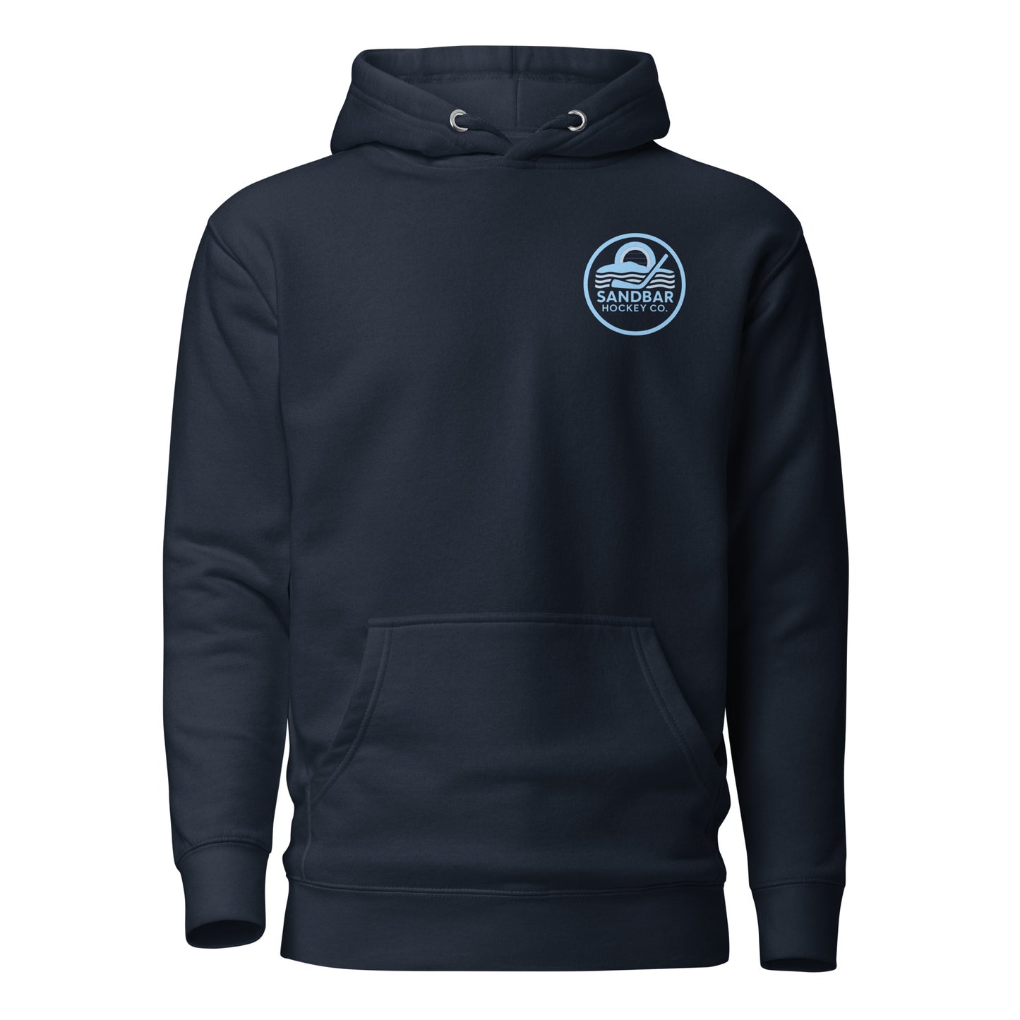 Navy Blue roller hockey hoodie front view with blue Sandbar Hockey Co. chest logo.