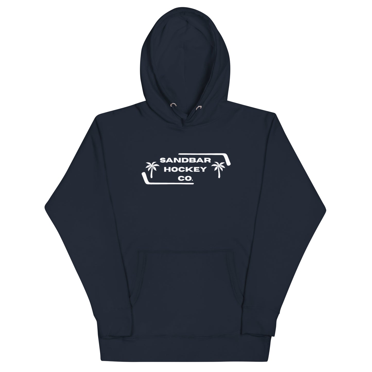 Navy blue Palm Frame Hoodie with white Sandbar Hockey Co. palm frame front logo