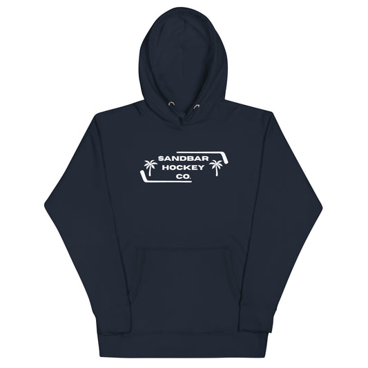 Navy blue Palm Frame Hoodie with white Sandbar Hockey Co. palm frame front logo