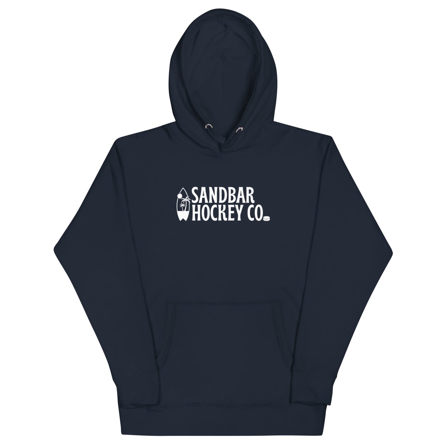 Navy blue Surfside Hockey Hoodie with white Sandbar Hockey Co. surfboard front logo
